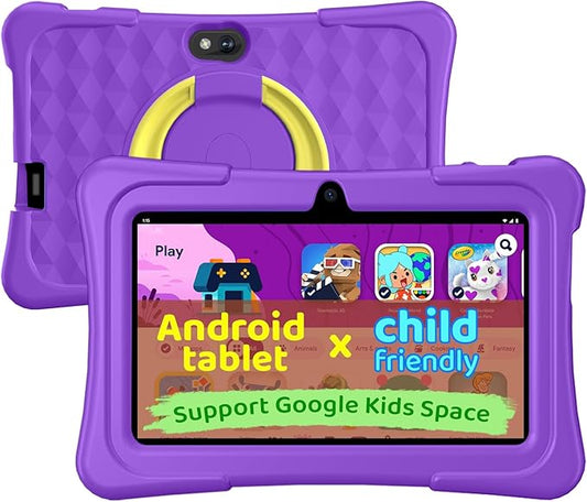 aiprotablet Kids Tablet, 7 inch Android Tablet for Kids, 6GB+32GB 1TB Expand, Quad-Core Toddler Tablets with Shockproof Case, BT, WiFi, Parental Control, Games, Dual Camera (Purple)