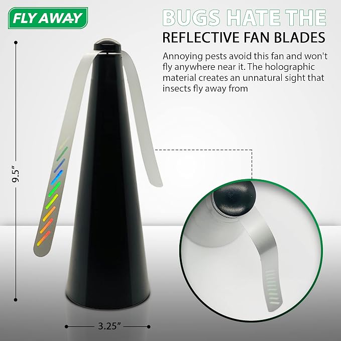Fly Away - 3 Pack Outdoor Fly Repellent Fan, Outside or Inside Table use, Restaurant, Barbeque, Events, Deter Flies, Wasps, Bees, Other Moscas and Bugs Away, Battery Operated, Tabletop, Hanging Hook.
