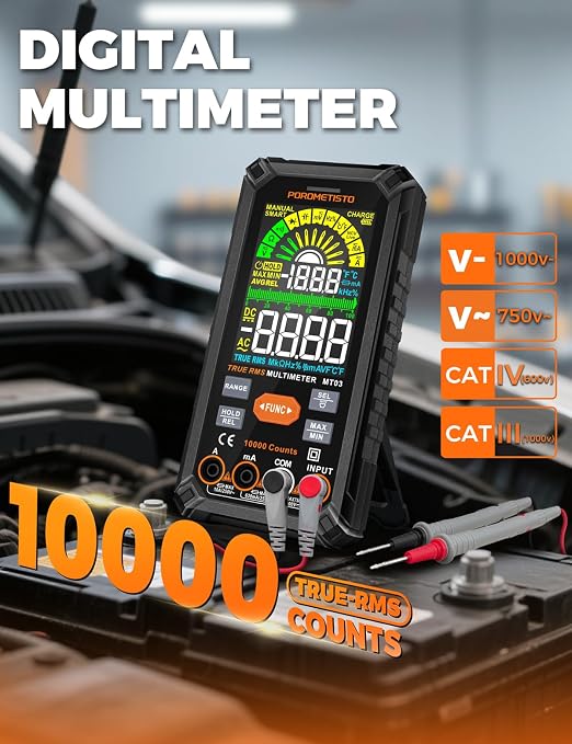 Digital Multimeter Tester 10000 Counts, Smart Multimeter Rechargeable, Auto-Ranging Voltmeter for Measuring Voltage and so on, Dual Fuse Overload Protection, Foldable Stand, Smart Input Jack Warning