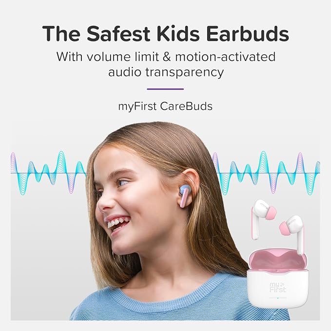 myFirst CareBuds Kids Wireless Earbuds, 85dB Volume Limiting Earbuds for Kids Ages 3-12, Bluetooth 5.3 Safe Hearing Protection, 36H Playtime, Small Ear Fit, IPX4 Waterproof, Easy Pairing