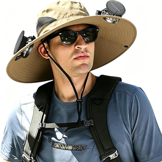 Solar Fan Hat with 2 Removable Fans Wide Brim Sun Hat | for Outdoor Fishing Camping Hiking Gardening, UPF 50+ Sun Protection