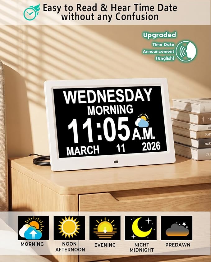 【Upgraded】11.5" Large Digtal Clock with Voice-Talking Day and Date for Seniors, Auto DST, 27 Alarms & Auto Dimmable, Non-Abbreviated Talking Clock for Elderly Dementia Alzheimers- White with Remote