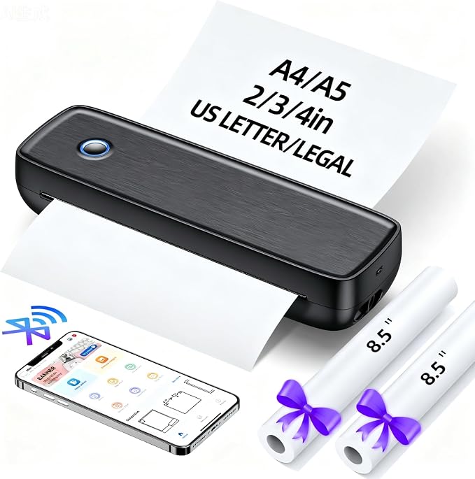 Portable Inkless Printer, Wireless Bluetooth Thermal Printer with 4200mAh Battery, Prints A4/A5/US Letter, High Resolution Mini Printer for Travel, Home Office & Mobile Printing