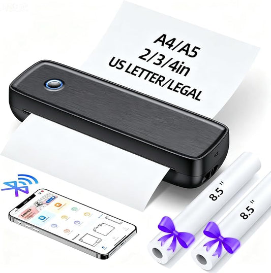 Portable Inkless Printer, Wireless Bluetooth Thermal Printer with 4200mAh Battery, Prints A4/A5/US Letter, High Resolution Mini Printer for Travel, Home Office & Mobile Printing