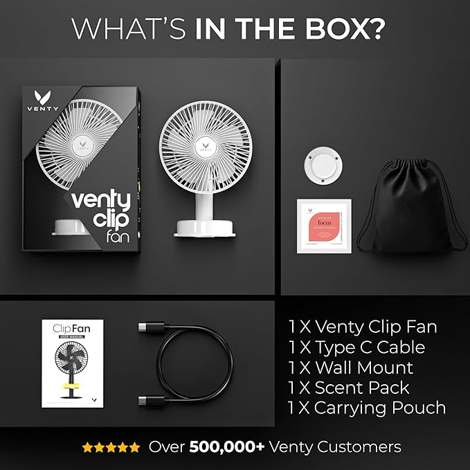 VENTY Portable Clip Fan - Rechargeable 10-Hour Battery Portable Fan - 360° Rotation & 90° Tilt - Stroller Fan, Desk Fan or Bedside Fan - Aromatherapy & LED Light - USB-C Cable & Carrying Pouch