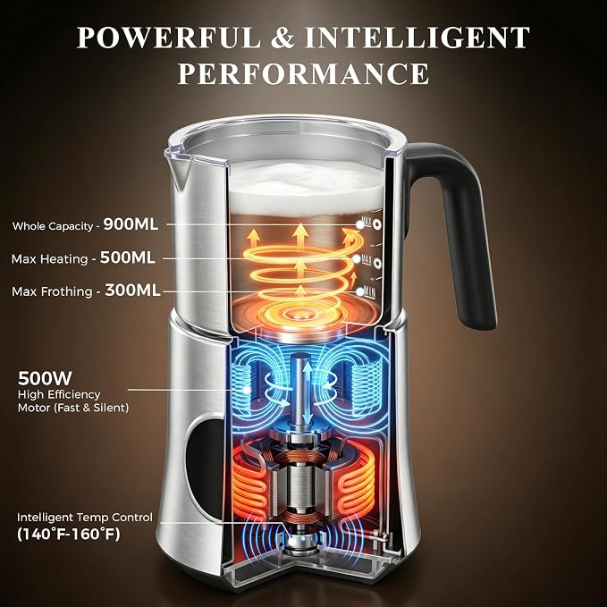 Milk Frother and Steamer, Electric Frother with Detachable Stainless Steel Jug, Hot & Cold Foam Maker for Latte, Cappuccino, Coffee, 4-in-1 Automatic Milk Warmer, 17oz Heat