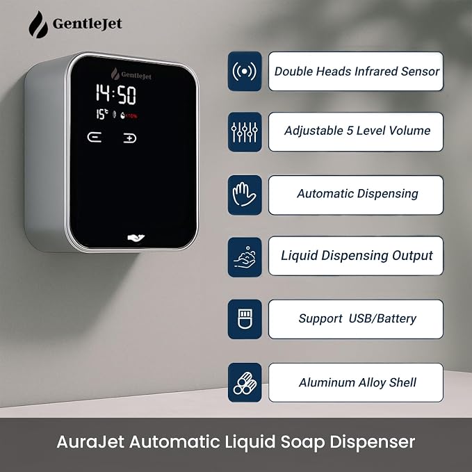 GentleJet AuraJet Automatic Liquid Soap Dispenser Wall Mount – Touchless Sensor, LED Display, 5 Adjustable Levels, Rechargable USB-C or Battery Powered, Aluminum Alloy, 480 ml Refillable