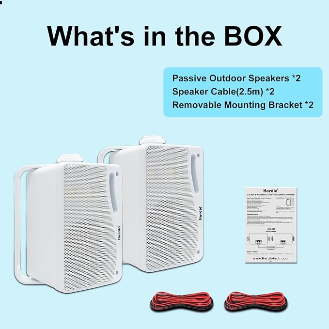 Herdio 3.5 Inch Passive Outdoor Speakers Wired Waterproof, 200W 3 Way Premium Mountable Wall Mount Speakers with Superior Sound, All-Weather Durability, for Patio Marine Boat Garage Indoor(White Pair)