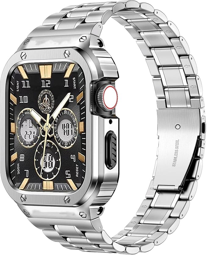 MioHHR Stainless Steel Watch Band with Case Compatible with Apple Watch Series 11/10 46mm,Rugged Strap with Metal Protective Bumper Cover for iWatch Band Men(Silver)