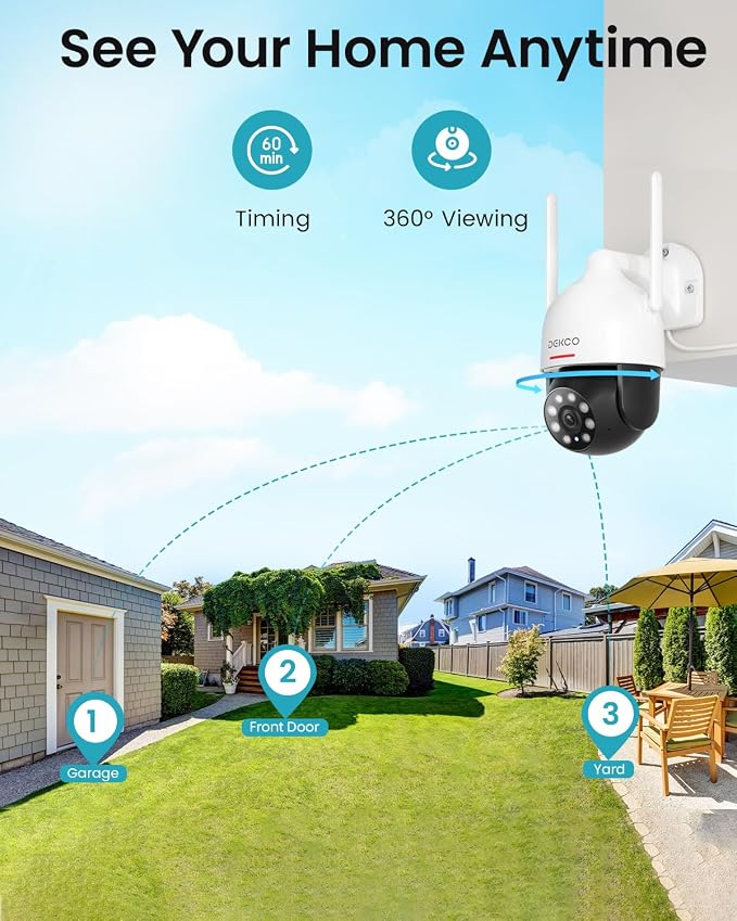 DEKCO 2K Security Camera Outdoor 2Packs, WiFi Outdoor Security Cameras Pan-Tilt 360° View, 3MP Surveillance Cameras with Motion Detection and Siren, 2-Way Audio, Full Color Night Vision, Waterproof