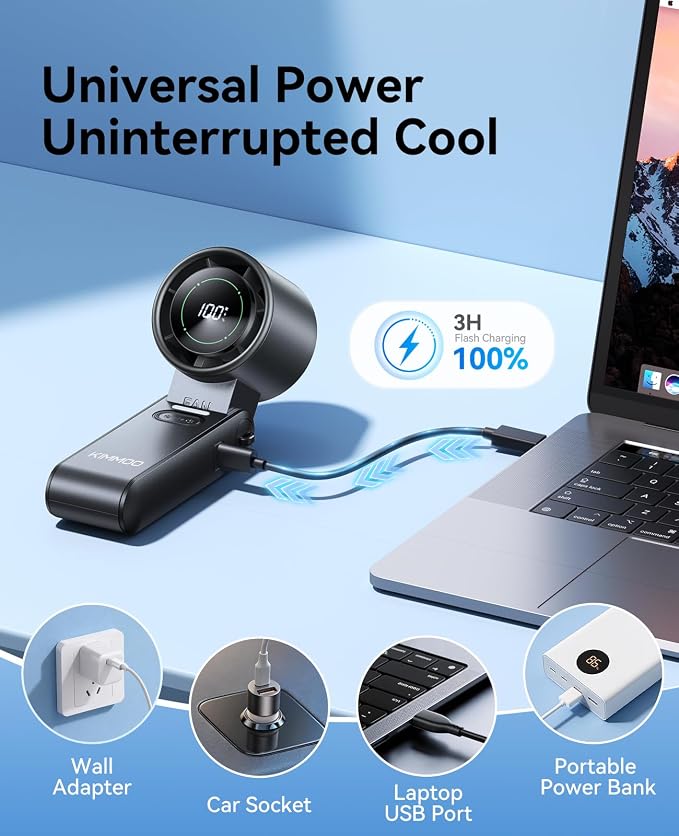 KIMMOO 3-in-1 Portable Handheld Turbo Fan-100 Speeds,Powerful 20000 RPM, 12Hrs Cooling, LED Display, 120° Rotation, USB Rechargeable Mini Hand Held Personal Fan for Travel Makeup Outdoor Indoor, Black