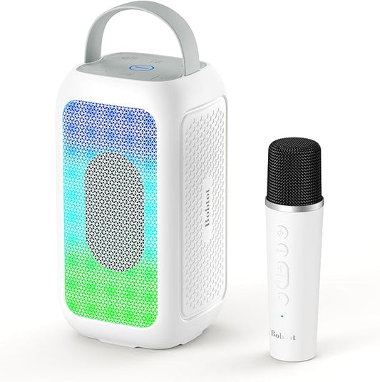 Bobtot Portable Bluetooth Speaker, 16H Playtime Wireless Speakers, Peak Singing Machine with Microphone, Magic Sound, Echo, EQ Mode (White, with 1 Mic)