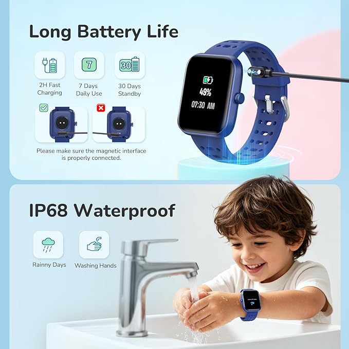 Smart Watch for Kids, Kids Smart Watch with Sleep, Heart Rate Monitor & Fitness Tracker, Kid Watch with Puzzle Games, Sports Modes & DIY Dials, Kid's Gifts for Birthday, Children's Day, Reward-Blue