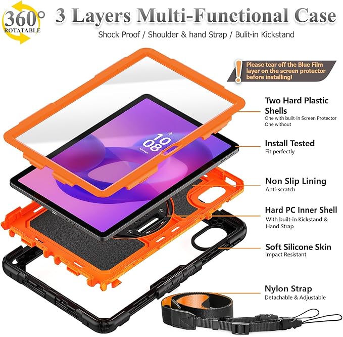 SEYMAC stock Tablet Case for Lenovo Idea Tab 11'' / M11 (TB336FU/TB330FU) 11 inch Drop-Proof Protection Cover with 360° Rotate Stand & Strap [Pen Holder] & Screen Protector 2025/2024, Orange+Black