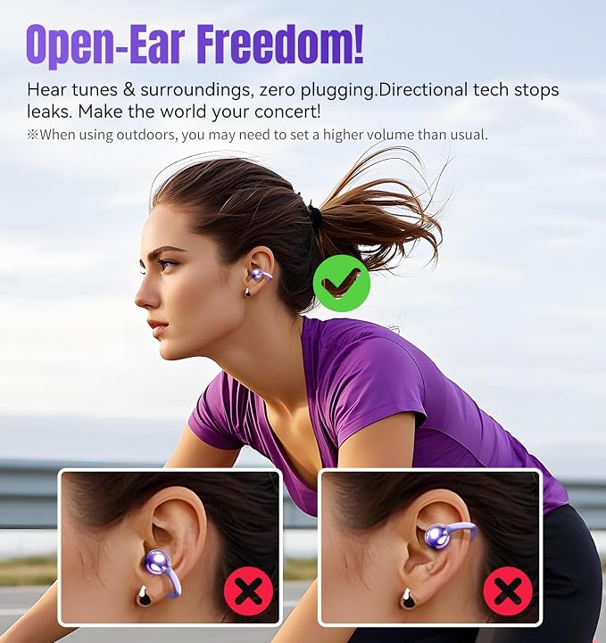King Lucky Clip-On Earbuds Gen 3, Open-Ear Wireless Bluetooth 6.0 Headphones with Mic, Secure Fit for Small Ears & Glasses Wearers, 50H Playtime, ENC, IPX5 Waterproof Sport Ear Buds (Purple)