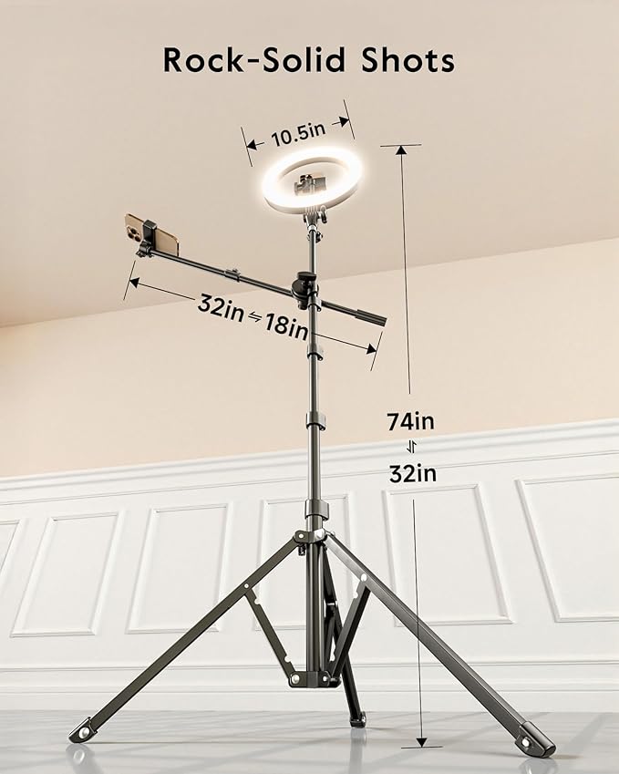 LUXSURE Ring Light with 62'' Tripod Stand for Video Recording, 10.5'' Ring Light Tripod for iPhone with 2 Shooting Positions, Overhead Phone Mount for YouTube, Makeup, Cooking