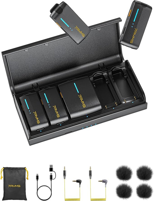 7RYMS iRay DW40 4-Channel Wireless Lavalier Microphone with Noise Cancellation, 656ft Range, 12.5H Working, Wireless Laple Mic for iPhone, DSLR Camera, Android, Video Recording Podcast Live-Stream