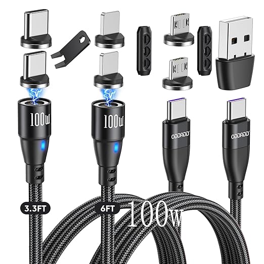 100W USB C Magnetic Charging Cable 2pack(3.3ft+6ft), 6 in 1 Magnetic Fast Charging Cable, Magnetic USB C Charging Cable Compatible with Micro USB, Type C and All Devices