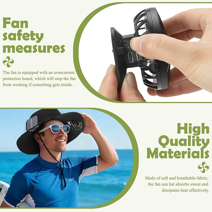 Berlune Sun Hat with 2 Solar Fan Wide Brim Fishing Bucket Hat USB & Solar for Men Women UPF 50+ Cooling for Fishing Beach