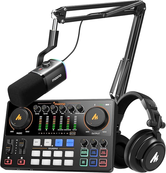 MAONO Podcast Equipment: Audio Interface, USB/XLR Dynamic Mic and Headphones with Dual XLR Input, Quick to Mute, Noise Reduction, 8 Customize soundpads for Podcast Recording, Streaming, YouTube