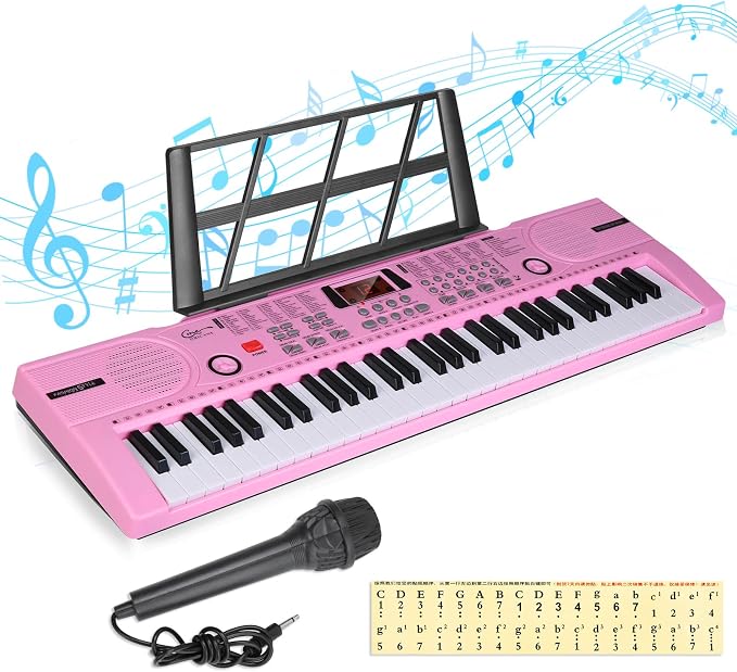 Piano Keyboard, 61 Keys Beginner Electronic Keyboard Portable Digital Music Keyboard, Early Education Music Instrument with Microphone & Music Sheet Stand