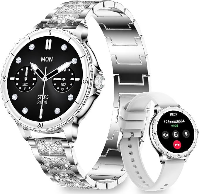 Smart Watches for Women, 1.27" HD Smartwatch with Diamond Strap Compatible Android/iOS, Answer/Make Call, IP68 Waterproof Fitness Tracker with Heart Rate, Sleep Monitor, 120+ Sports, Silver