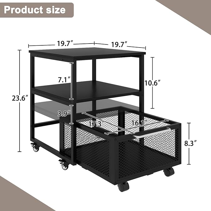 PUNCIA 19.7"x19.7" Mini Fridge Stand 3-Tier Storage Beverage Fridge Table | 220-lb Capacity Beverage Refrigerator Table, Heavy Duty Rolling Organizer with Drawers for Dorm Apartment Office Bedroom