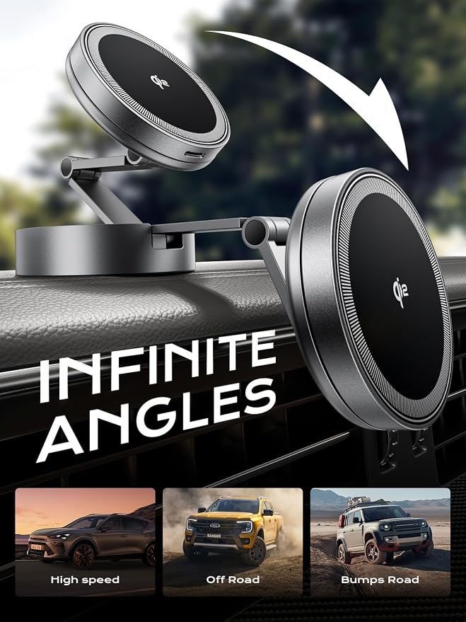 THREEKEY Qi2 Certified Magnetic Car Mount Charger Lite,Car Wireless Charger,15W Fast Charging,Retractable Phone Holder with 360°Rotation,Car Mount for iPhone17-12&Galaxy S25 Ultra