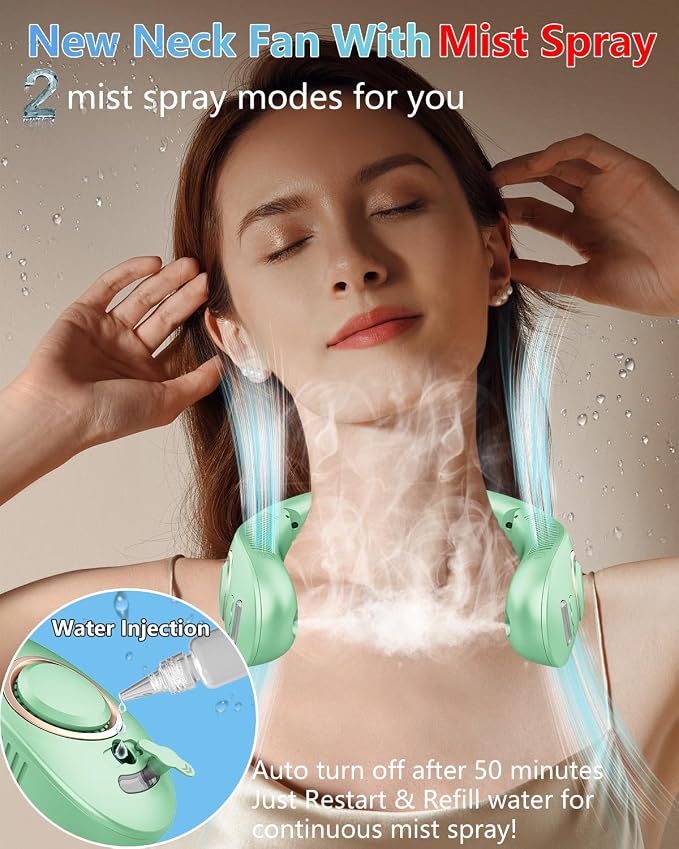 Portable Neck Fan Rechargeable,Foldaway Personal Fan Around Neck with Mister,Hands Free Bladeless Fans 5 Speeds Adjustment,Dual Air Vents,LED Display,Water Spray Misting Fan for Home Office Green
