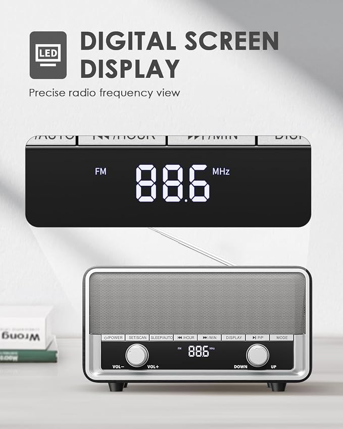 Vintage Wood AM FM Radio with Bluetooth, Retro Bluetooth Speaker Radio with LCD Display | 40 Presets | Sleep Timer | No Alarm for Office,Home, Kitchen (Space Black)