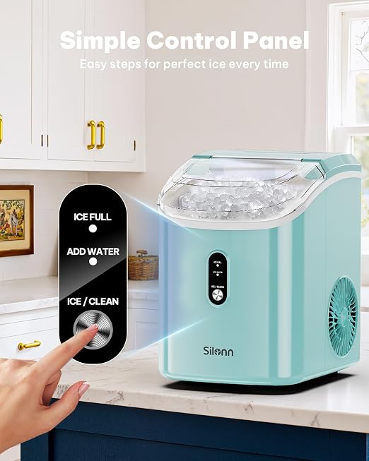 Nugget Ice Maker Countertop, Silonn Chewable Pellet Ice Machine with Self Cleaning Function, Pebble Portable Ice Maker with Ice Scoop for Home Kitchen Office, Green