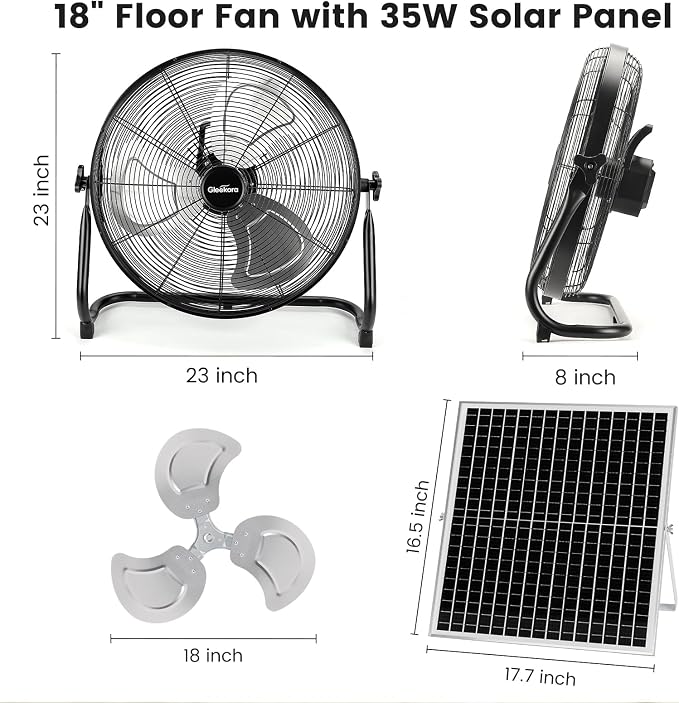 18'' Solar Powered Fan with 35W Solar Panel, Rechargeable Battery Operated Floor Fan with 23FT Cable, Cordless Portable Outdoor Fans for Home, Camping, Chicken Coop, Greenhouse, Power Outages