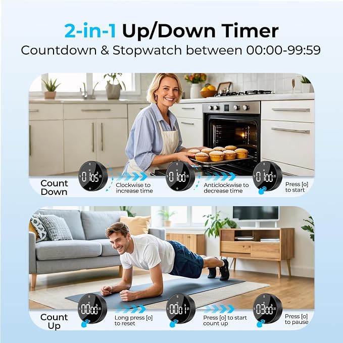 Digital Magnetic Kitchen Timer for Cooking, Large LED Countdown Timer, Rotating Pomodoro Timer, Volume Adjustable, 5/15/25 Min Presets for Kitchen, Baking Grilling Studying
