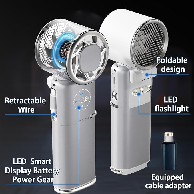 Portable Handheld Fan, 9000mAh Small Turbo Hand Held Fan, Doubles as Power Bank, Build-In Retractable Wire, 100 Speed Scroll Wheel, Personal Rechargeable Fan for Travel & Outdoor - Sliver White
