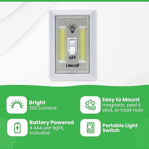 LitezAll COB LED Light Switch Night Light, 12-Pack 200 Lumen Wireless Battery Operated Wall Lights, Stick-On Switch Lights for Closets, Cabinets, Hallways, Garage, Gifts for Men – Batteries Included