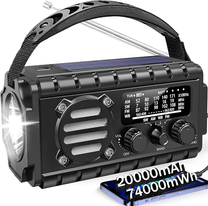 Aivica 20000mah Emergency Radio, SW/NOAA/AM/FM Weather Radio, Solar Powered Hand Crank Chager with Bige Batery Powered,Portable,Cellphone Charge,SOS,Flashlight for Emergency/Home (Black)