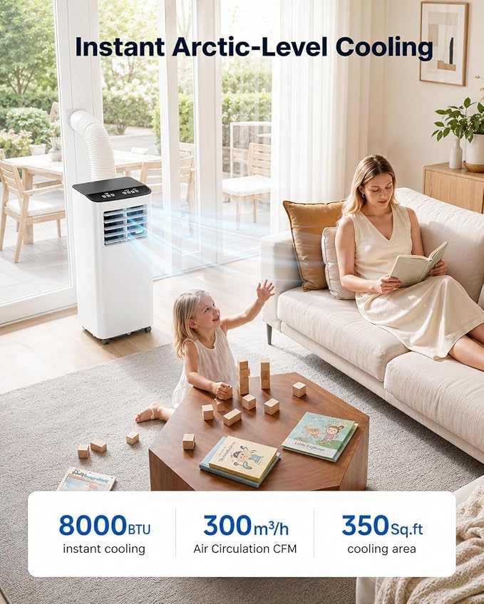 8000 BTU Portable Air Conditioners, 3-in-1 Portable AC Unit with Cool, Dehumidifier & Fan, Cools Up to 350 Sq.Ft, Remote Control, 24 Hour Timer and Window Kit, 2 Speeds for Bedroom Office