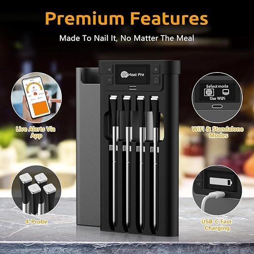 Yonktoo Wireless Meat Thermometer, Digital BBQ Thermometer with 4 Probes, Long Range Smart Grill Thermometer with Dual Sensors for Grilling, Smoking, Oven, Kitchen Cooking