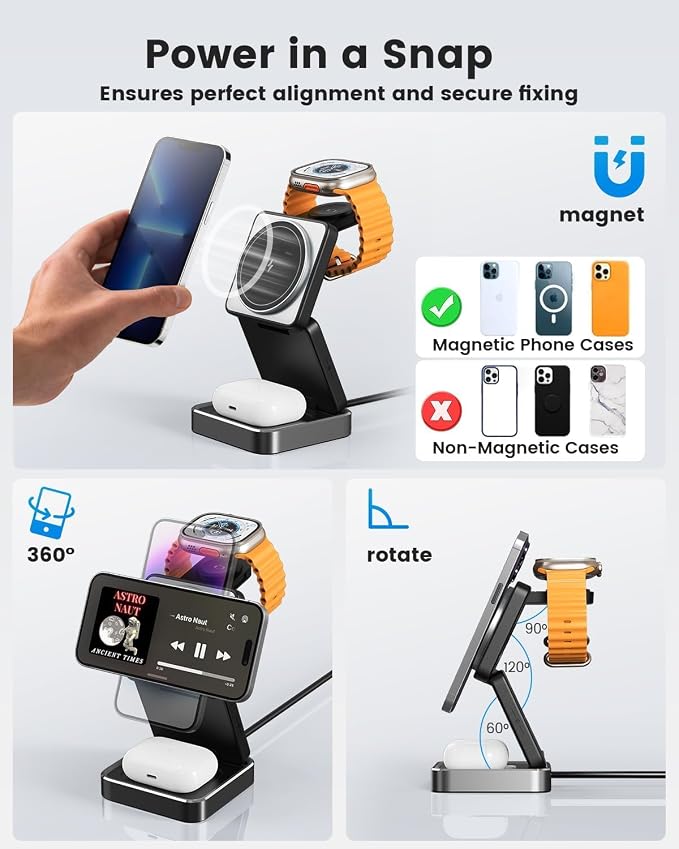 3 in 1 Wireless Charging Station Magnetic Wireless Charger,Portable Foldable Travel Essential with Nightlight Fast Charger Stand for iPhone 17 Pro Max/17 Pro/17Air/17/16/15/14/13,AirPods&Apple Watch