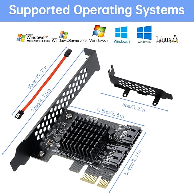 PCI-E X1 to SATA 3.0 Controller Card, 2-Port SATA III 6Gbps Expansion Cards, Supports PCI-Express (1X 4X 8X 16X) Slot, Support SSD and HDD, for Windows10/7/8/XP/Vista/linux