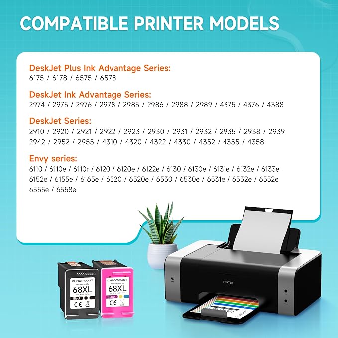 68XL 68 Ink Cartridges Black/Color Combo Pack Compatible for HP 68 Ink Cartridges High Yield Replacement for HP Ink 68 fit for Envy 6155e 6555e 6100e 6500e 6558e 6152e 6552e 6555e Printer(2 PACK)
