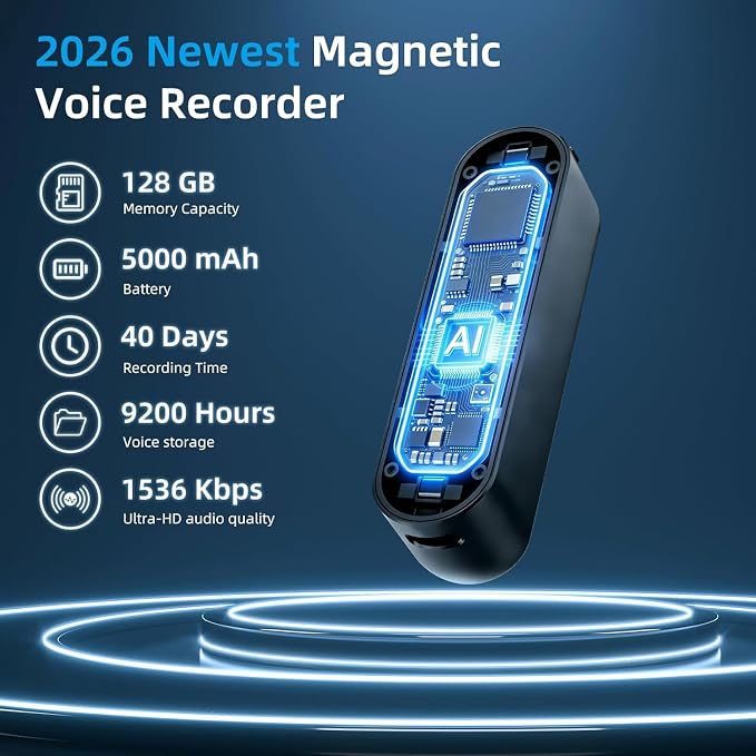 128G (9200 Hour) Magnetic Voice Activated Recorder,40 Days Continuous Recording Device,Audio Recorder with AI-Intelligent Triple Noise Reduction,Voice Recorder with Playback for Work Lectures Meeting