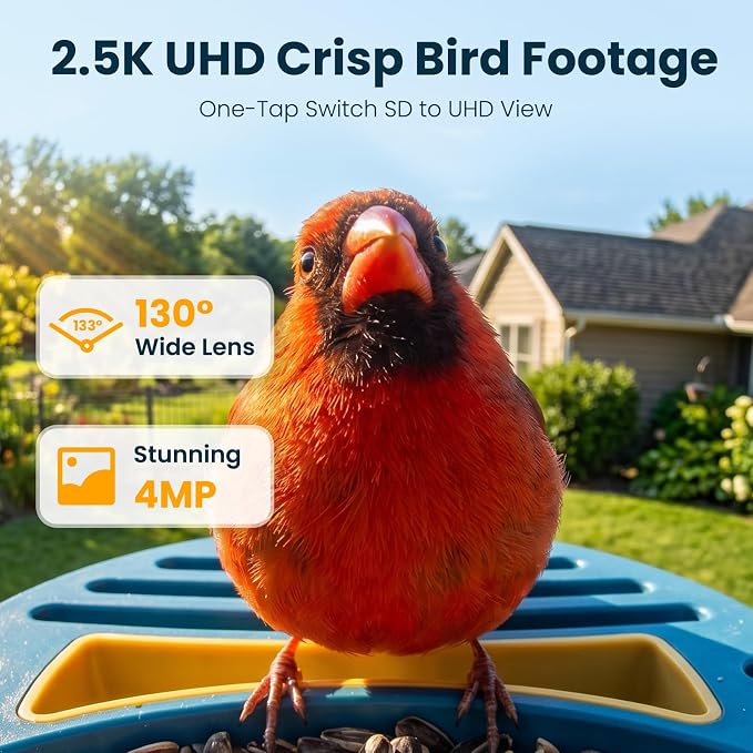 Smart Bird Feeder with Camera, 2.5K UHD Solar Powered WiFi Bird Watching Camera, AI Bird Species Identification, Instant Alerts, IP66 Waterproof Outdoor Wild Bird Feeder, Gift for Dad, Blue