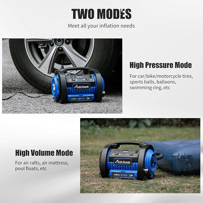 AVID POWER Tire Inflator Portable Air Compressor, 12V DC 110V AC Car Tire Pump, Air Mattress Pump with Inflation and Deflation Modes, Dual Powerful Motors, Digital Pressure Gauge