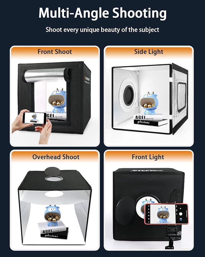 DUCLUS Light Box Photography, 12"x12" Photo Booth Box with 120 LED Lights Dimmable & CRI＞95, Portable Lightbox with 8 Backdrops for Mini Product Photography: Jewelry, Cards, Watches