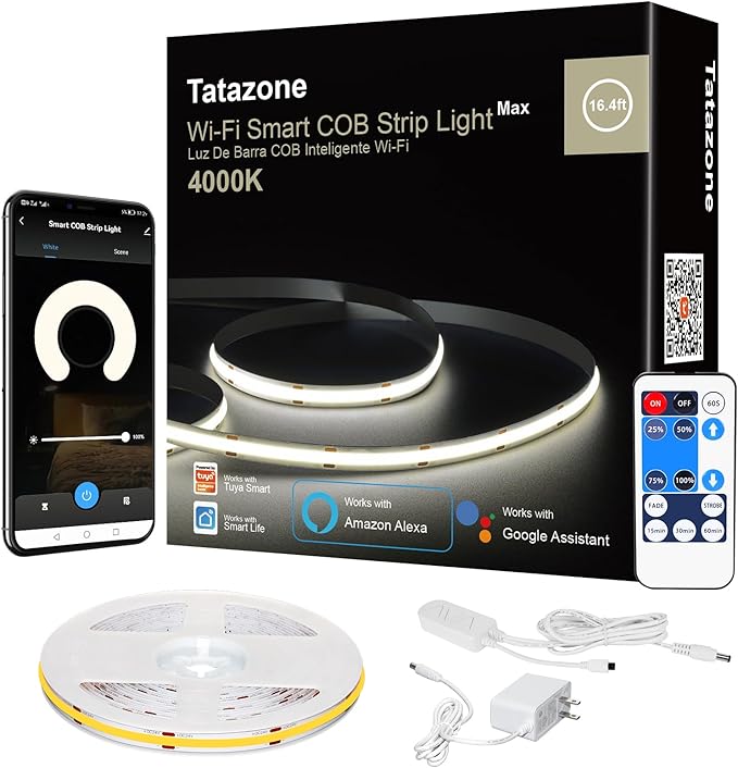 Tatazone Smart White COB Led Strip Light with App and Remote, 16.4ft 4000K WiFi Bright COB Light Strip Compatible with Alexa Google, Dimmable Indoor COB Led Lights for Mirror, Room, Cabinet, Kitchen