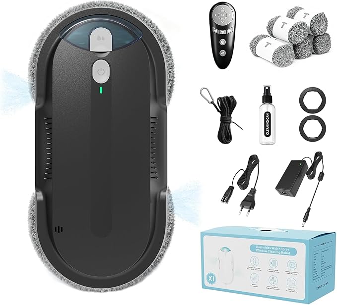 Window Cleaning Robot - Double Helix 4800-6400Pa Suction, Dual Ultrasonic Spray, 85ml Tank, Edge Detection, Anti-Drop, 3 Cleaning Modes for Streak-Free Glas (Black)