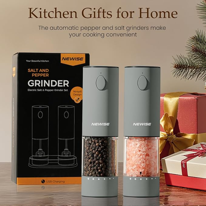 Newise Electric Salt and Pepper Grinder Set, Rechargeable with LED Lights, Automatic Pepper & Salt Mill, Adjustable Coarseness, Large Capacity, Grey