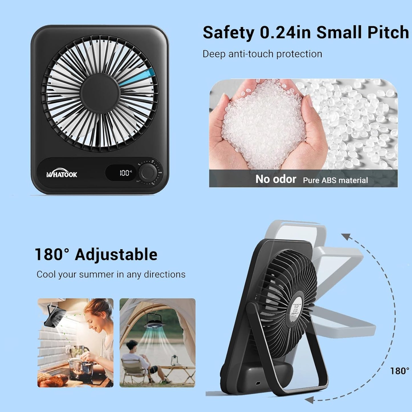 WHATOOK Small Desk Fan Personal Fans: 5000mah 25 Hours Battery Office Quiet Mini Desktop Fan Portable Rechargeable Travel Essentials (Black, 5000)