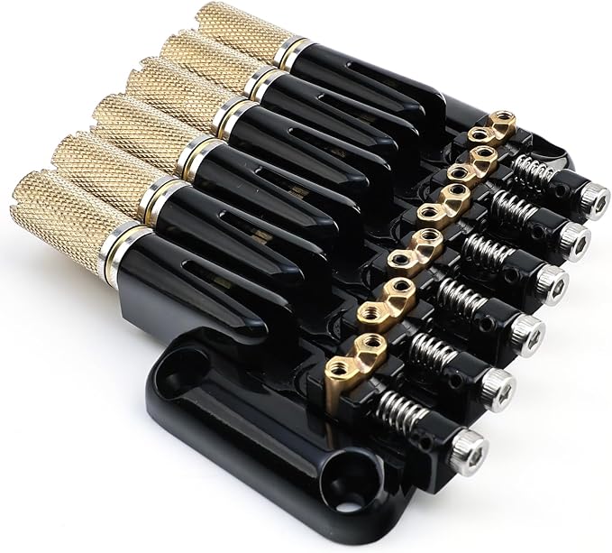 Fanned-fret 6 String Headless Guitar Bridge 10.5mm Headless Fixed Bridge -Brass Saddles Zinc Alloy Plate, Easy Installation/Adjustment, Fits Most 6-String Headless（Gold Tailpiece Nut）